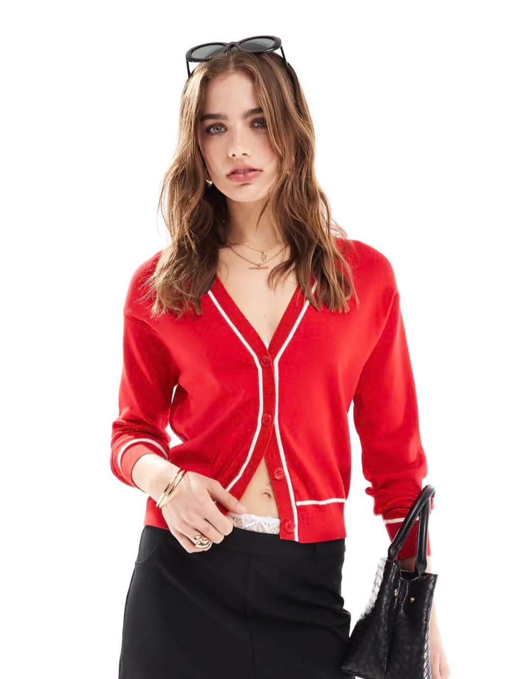 Mango Red Cardigan with White Trim Sz XS